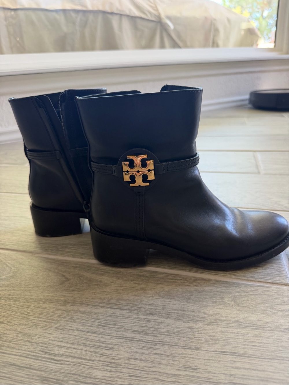 Tory Burch Black Leather Ankle Booties with Gold Logo Medallion